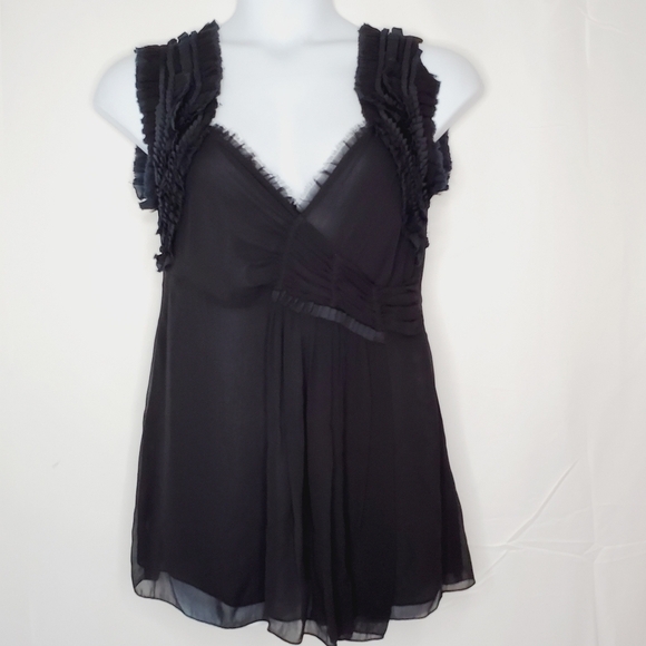 Black Ruffle Trim Babydoll Top Size L Sheer Whimsigoth V-neck Tunic Romantic - Picture 13 of 13